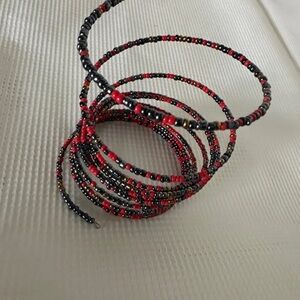 Multi Strand Red and Black Seed Bead Coil Bracelet Set